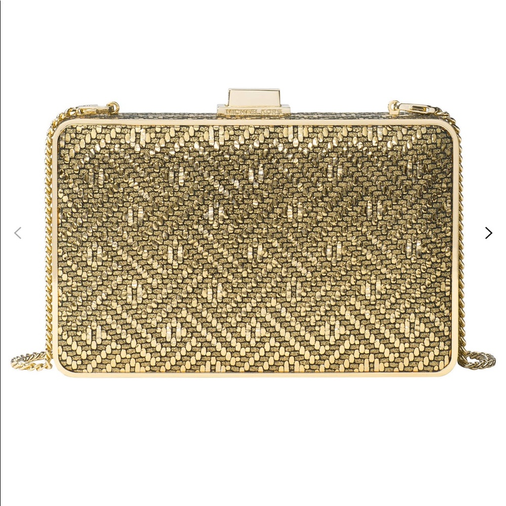 Michael Kors Gold Leather Pearl Clutch Crossbody